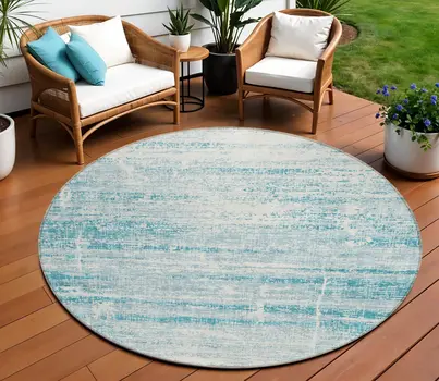8' Teal Blue Aqua And Ivory Round Abstract Washable Indoor Outdoor Area Rug