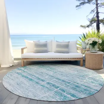 8' Teal Blue Aqua And Ivory Round Abstract Washable Indoor Outdoor Area Rug