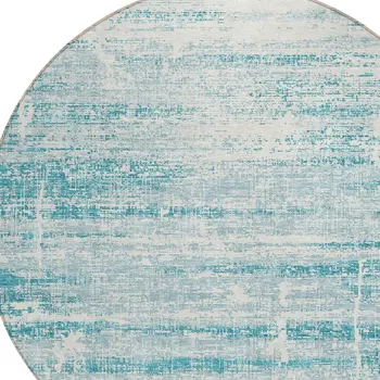 8' Teal Blue Aqua And Ivory Round Abstract Washable Indoor Outdoor Area Rug
