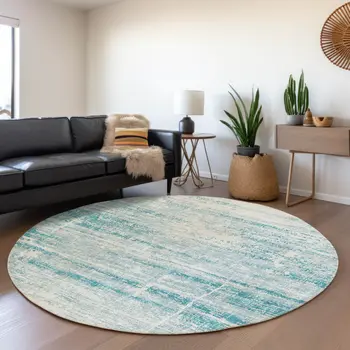 8' Teal Blue Aqua And Ivory Round Abstract Washable Indoor Outdoor Area Rug