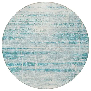 8' Teal Blue Aqua And Ivory Round Abstract Washable Indoor Outdoor Area Rug
