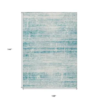 9' X 12' Teal Blue Aqua And Ivory Abstract Washable Indoor Outdoor Area Rug