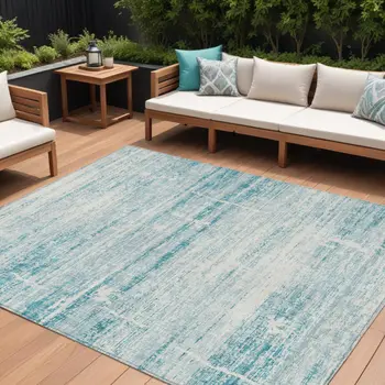 9' X 12' Teal Blue Aqua And Ivory Abstract Washable Indoor Outdoor Area Rug