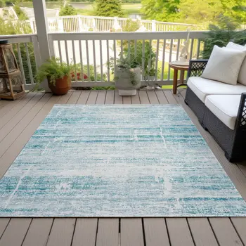 9' X 12' Teal Blue Aqua And Ivory Abstract Washable Indoor Outdoor Area Rug
