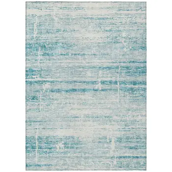 9' X 12' Teal Blue Aqua And Ivory Abstract Washable Indoor Outdoor Area Rug