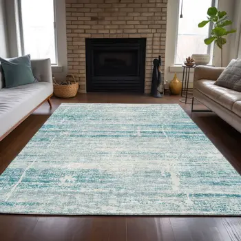 9' X 12' Teal Blue Aqua And Ivory Abstract Washable Indoor Outdoor Area Rug