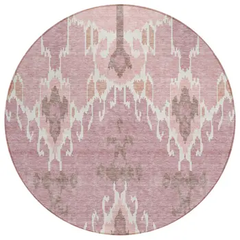 8' Blush Pink And Ivory Round Ikat Washable Indoor Outdoor Area Rug