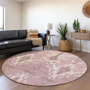 8' Blush Pink And Ivory Round Ikat Washable Indoor Outdoor Area Rug