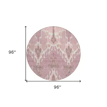 8' Blush Pink And Ivory Round Ikat Washable Indoor Outdoor Area Rug