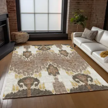 5' X 8' Brown Taupe And Beige Ikat Washable Indoor Outdoor Area Rug