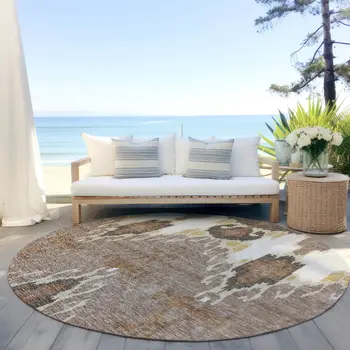 8' Brown Taupe And Beige Round Ikat Washable Indoor Outdoor Area Rug