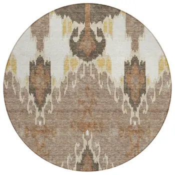 8' Brown Taupe And Beige Round Ikat Washable Indoor Outdoor Area Rug