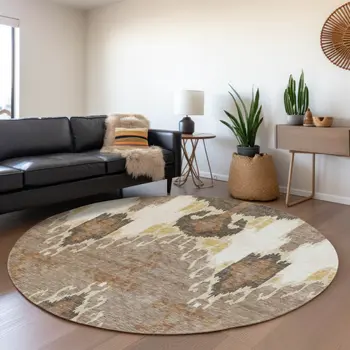 8' Brown Taupe And Beige Round Ikat Washable Indoor Outdoor Area Rug