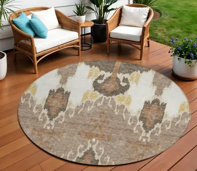 8' Brown Taupe And Beige Round Ikat Washable Indoor Outdoor Area Rug