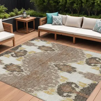 9' X 12' Brown Taupe And Beige Ikat Washable Indoor Outdoor Area Rug