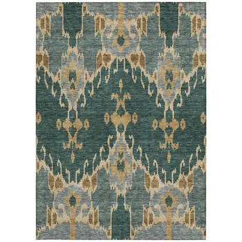 3' X 5' Green Gray And Gold Ikat Washable Indoor Outdoor Area Rug