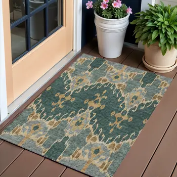 3' X 5' Green Gray And Gold Ikat Washable Indoor Outdoor Area Rug