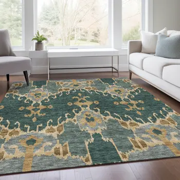 3' X 5' Green Gray And Gold Ikat Washable Indoor Outdoor Area Rug