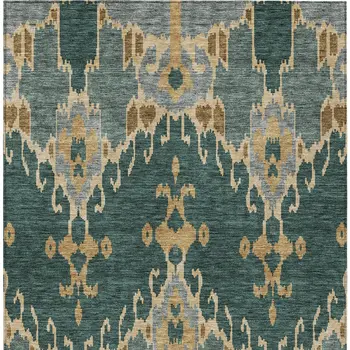 5' X 8' Green Gray And Gold Ikat Washable Indoor Outdoor Area Rug