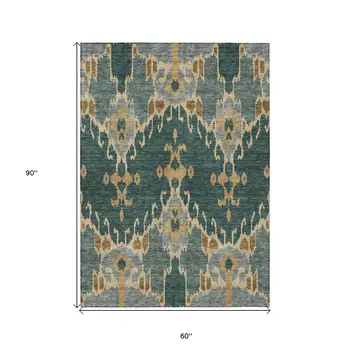 5' X 8' Green Gray And Gold Ikat Washable Indoor Outdoor Area Rug
