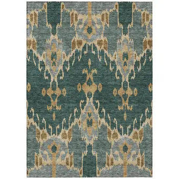 5' X 8' Green Gray And Gold Ikat Washable Indoor Outdoor Area Rug