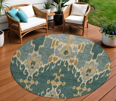 8' Green Gray And Gold Round Ikat Washable Indoor Outdoor Area Rug