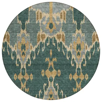 8' Green Gray And Gold Round Ikat Washable Indoor Outdoor Area Rug