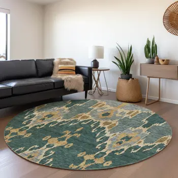 8' Green Gray And Gold Round Ikat Washable Indoor Outdoor Area Rug