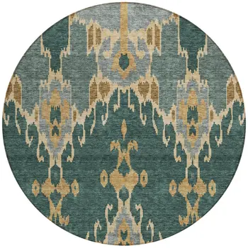 8' Green Gray And Gold Round Ikat Washable Indoor Outdoor Area Rug