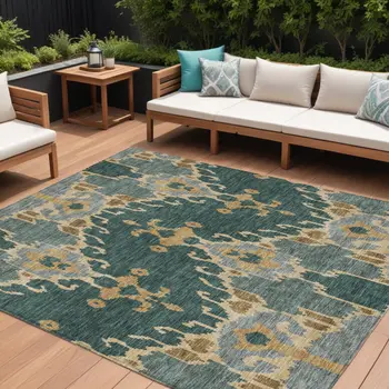 8' X 10' Green Gray And Gold Ikat Washable Indoor Outdoor Area Rug