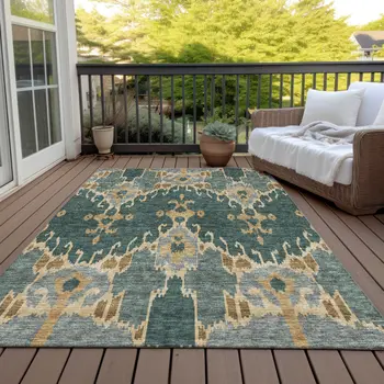 8' X 10' Green Gray And Gold Ikat Washable Indoor Outdoor Area Rug