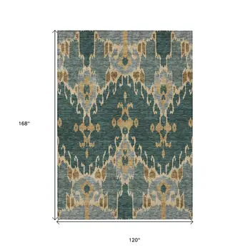 10' X 14' Green Gray And Gold Ikat Washable Indoor Outdoor Area Rug