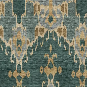 10' X 14' Green Gray And Gold Ikat Washable Indoor Outdoor Area Rug