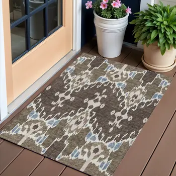 3' X 5' Brown And Taupe Ikat Washable Indoor Outdoor Area Rug