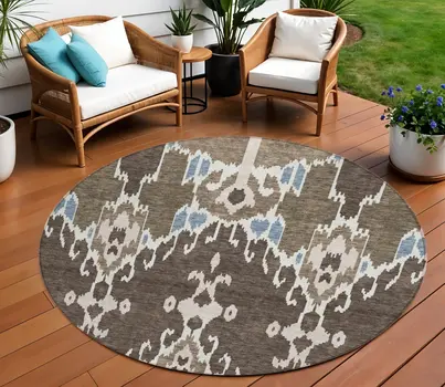 8' Brown And Taupe Round Ikat Washable Indoor Outdoor Area Rug