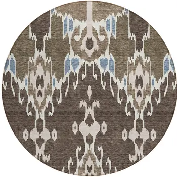 8' Brown And Taupe Round Ikat Washable Indoor Outdoor Area Rug