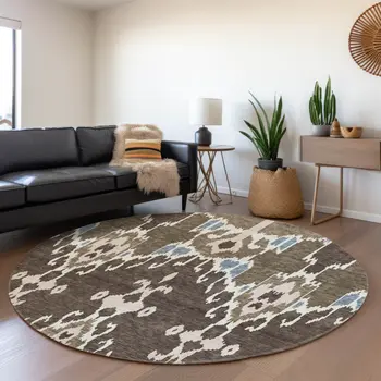 8' Brown And Taupe Round Ikat Washable Indoor Outdoor Area Rug