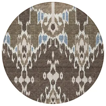 8' Brown And Taupe Round Ikat Washable Indoor Outdoor Area Rug