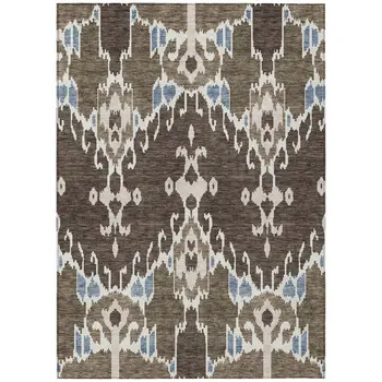 9' X 12' Brown And Taupe Ikat Washable Indoor Outdoor Area Rug