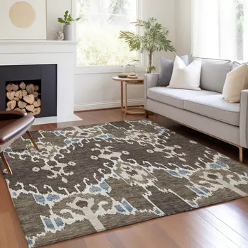 9' X 12' Brown And Taupe Ikat Washable Indoor Outdoor Area Rug