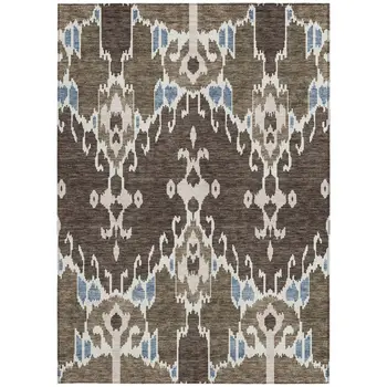 10' X 14' Brown And Taupe Ikat Washable Indoor Outdoor Area Rug