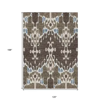 10' X 14' Brown And Taupe Ikat Washable Indoor Outdoor Area Rug
