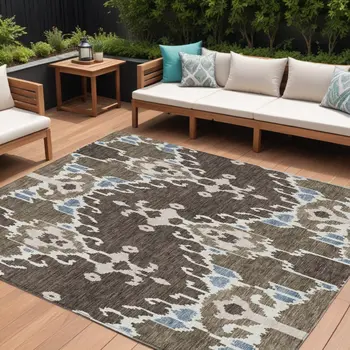 10' X 14' Brown And Taupe Ikat Washable Indoor Outdoor Area Rug
