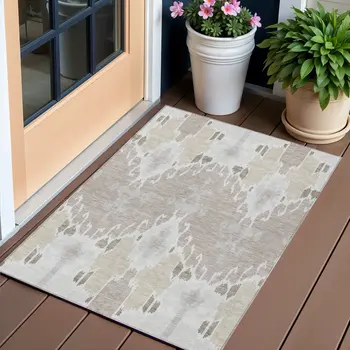 3' X 5' Ivory Beige And Taupe Ikat Washable Indoor Outdoor Area Rug