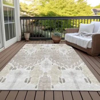3' X 5' Ivory Beige And Taupe Ikat Washable Indoor Outdoor Area Rug