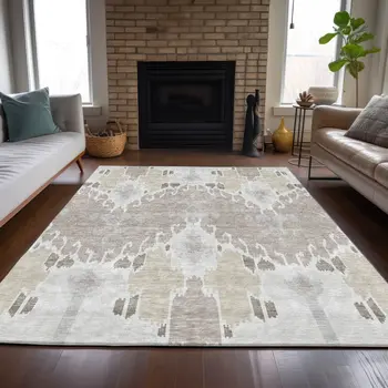 3' X 5' Ivory Beige And Taupe Ikat Washable Indoor Outdoor Area Rug