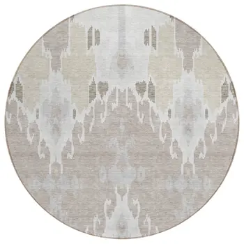 8' Ivory Beige And Taupe Round Ikat Washable Indoor Outdoor Area Rug
