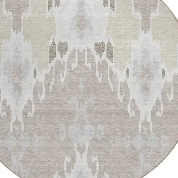 8' Ivory Beige And Taupe Round Ikat Washable Indoor Outdoor Area Rug