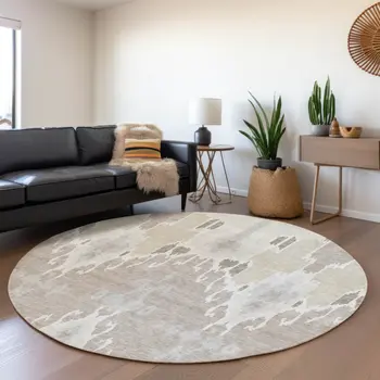 8' Ivory Beige And Taupe Round Ikat Washable Indoor Outdoor Area Rug