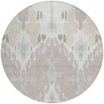 8' Ivory Beige And Taupe Round Ikat Washable Indoor Outdoor Area Rug